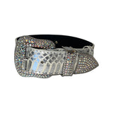 Silver snake-patterned collar with a large buckle and tip encrusted with sparkling Swarovski crystals, displayed against a white background.