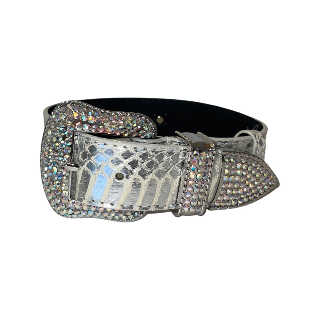 Silver snake-patterned collar with a large buckle and tip encrusted with sparkling Swarovski crystals, displayed against a white background.
