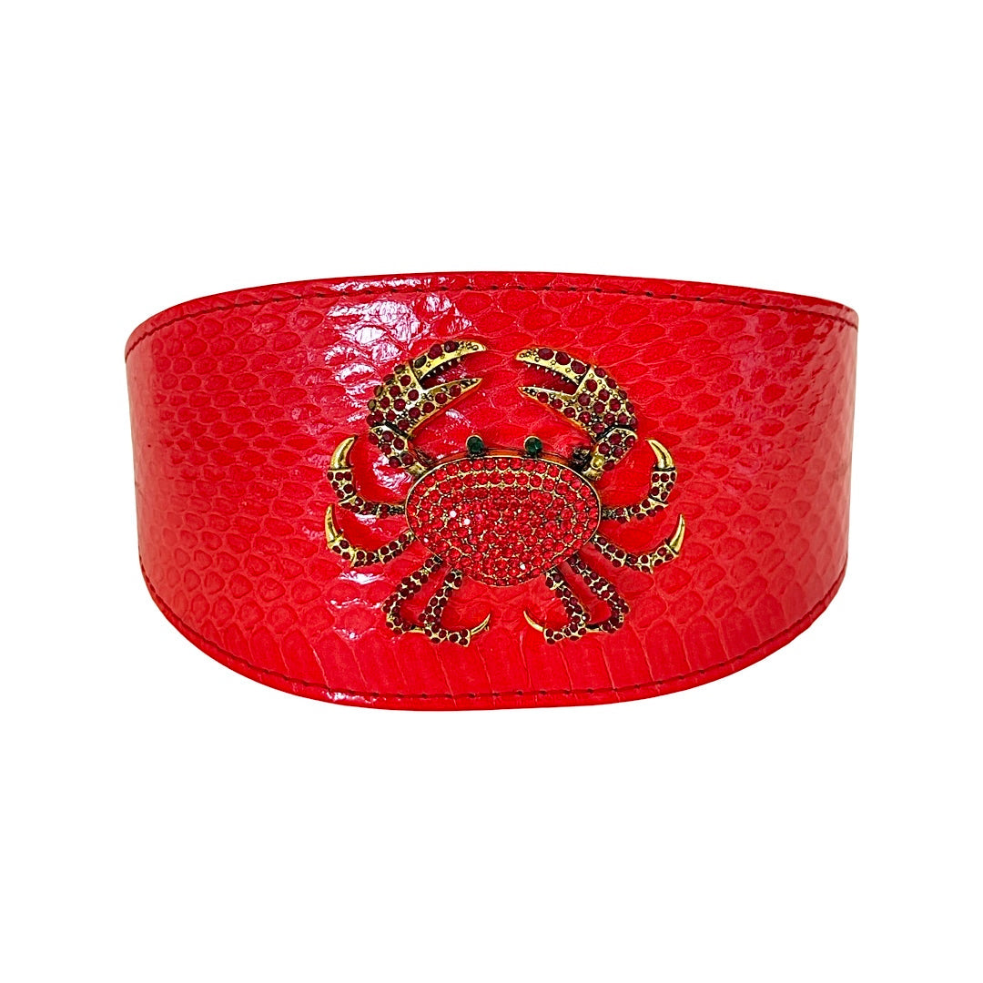 Red Orange Snake Wide Style Collar with Rhinestone Crab Accessory styled on a mannequin
