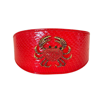 Red Orange Snake Wide Style Collar with Rhinestone Crab Accessory styled on a mannequin