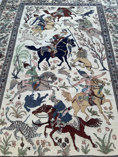 Hand-Knotted Lahore Hunting Scene Wool Rug – 8’ x 11’3” – Vintage 1950s by Rugistan - product image 3 for Resin Society
