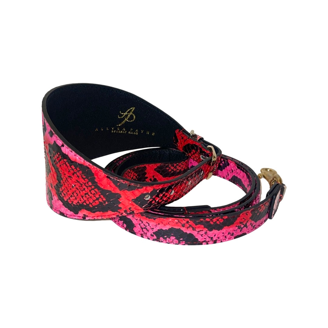 Curled fuchsia, light pink, red, and black snake-patterned wide dog collar and matching leash set with gold-tone metal hardware, shown on white background.