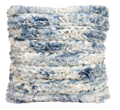 Blue and white furry striped throw pillow on a chair