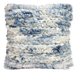 Square throw pillow cover with soft, furry texture featuring layered blue and white fabric strips in a horizontal pattern.
