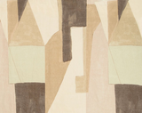 Abstract geometric pattern on fabric with overlapping shapes in beige, brown, and light green tones creating a layered effect.