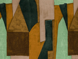 Abstract geometric pattern with brown, dark green, tan, and mint green shapes outlined in black, creating an angular and layered modern textile design.