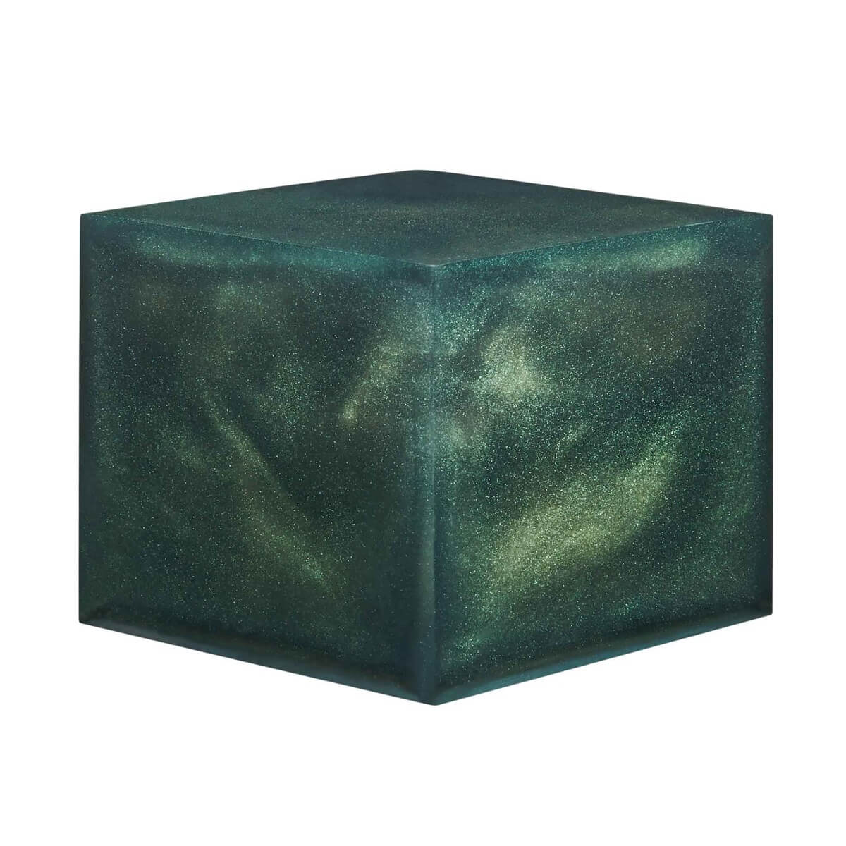 Green cube-shaped ottoman on a white background
