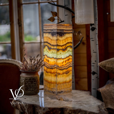 Aqua Onyx Square Table Lamp, 20 inches tall with golden and beige onyx stone, square 6x6 inch base