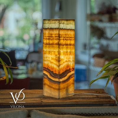 Aqua Onyx Square Table Lamp standing 20 inches tall with glowing warm light and natural golden-beige onyx stone