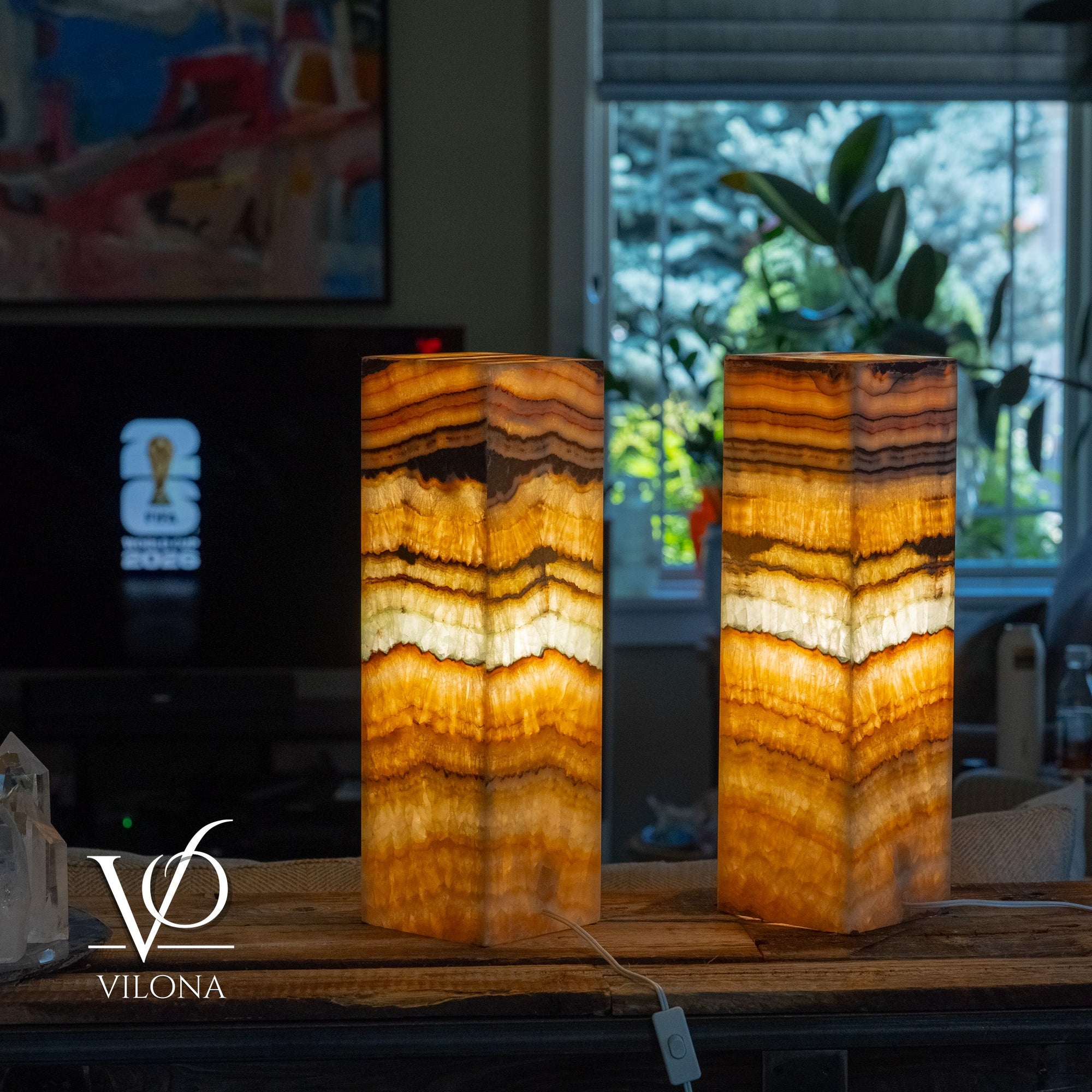 Aqua Onyx Square Table Lamp - 20" Tall, x 6"x 6" (Medium Pair #77) by Vilona Onyx - main product image for Resin Society