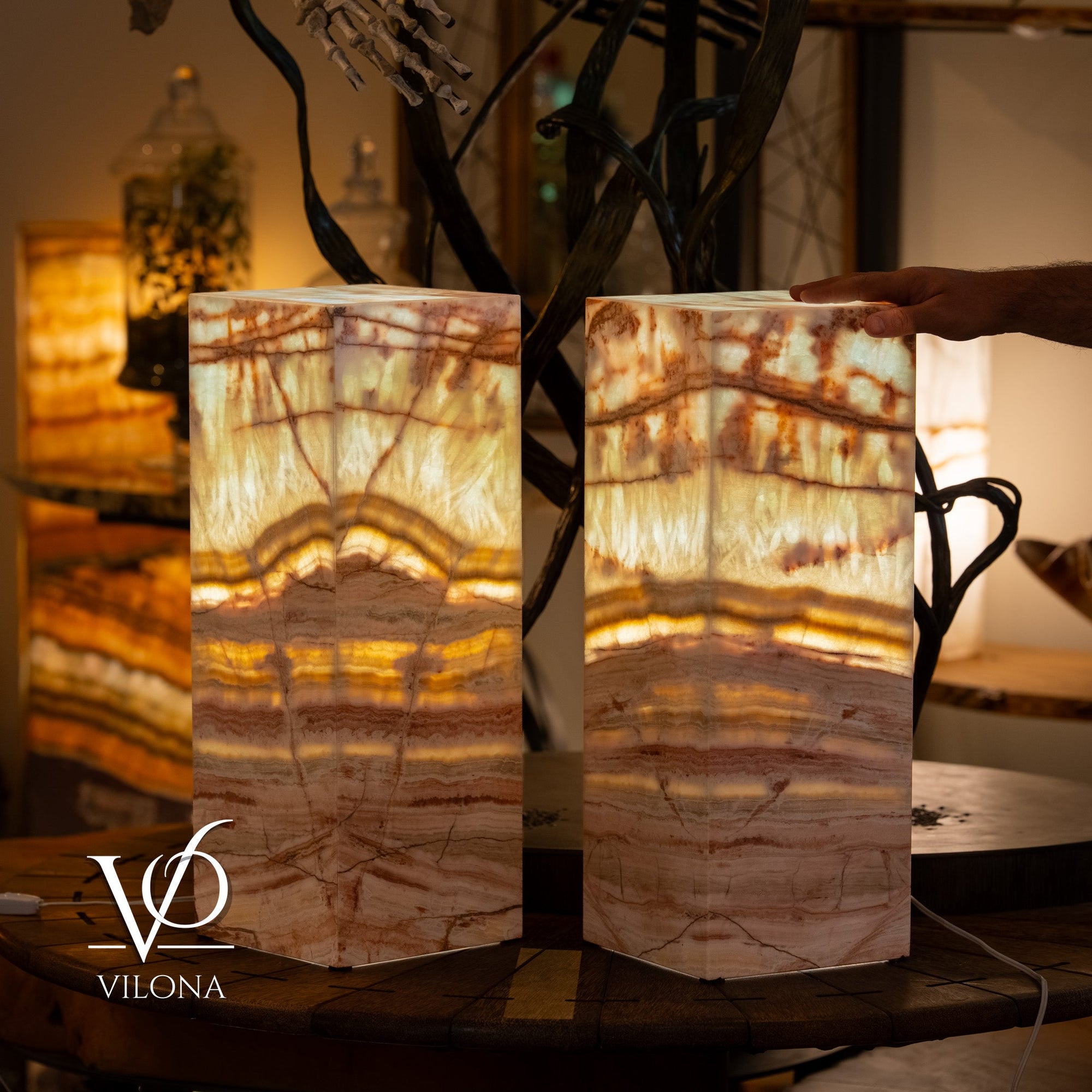 Divina Claire Onyx Table Lamp Pair – 22″ × 8″ Large Square #1 by Vilona Onyx - main product image for Resin Society