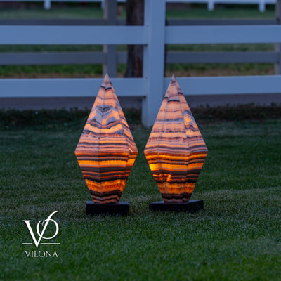 Sahara Onyx Bi-Pyramid Sculptural Lamp Pair – Natural Stone Lighting