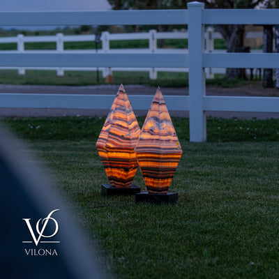 Sahara Onyx Bi-Pyramid Sculptural Lamp Pair – Natural Stone Lighting