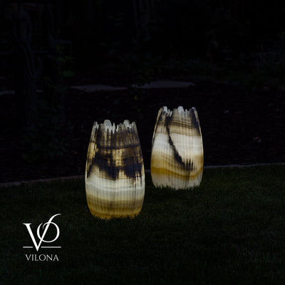 White Ice Onyx Crown Lamps - Sculptural Natural Stone Pair