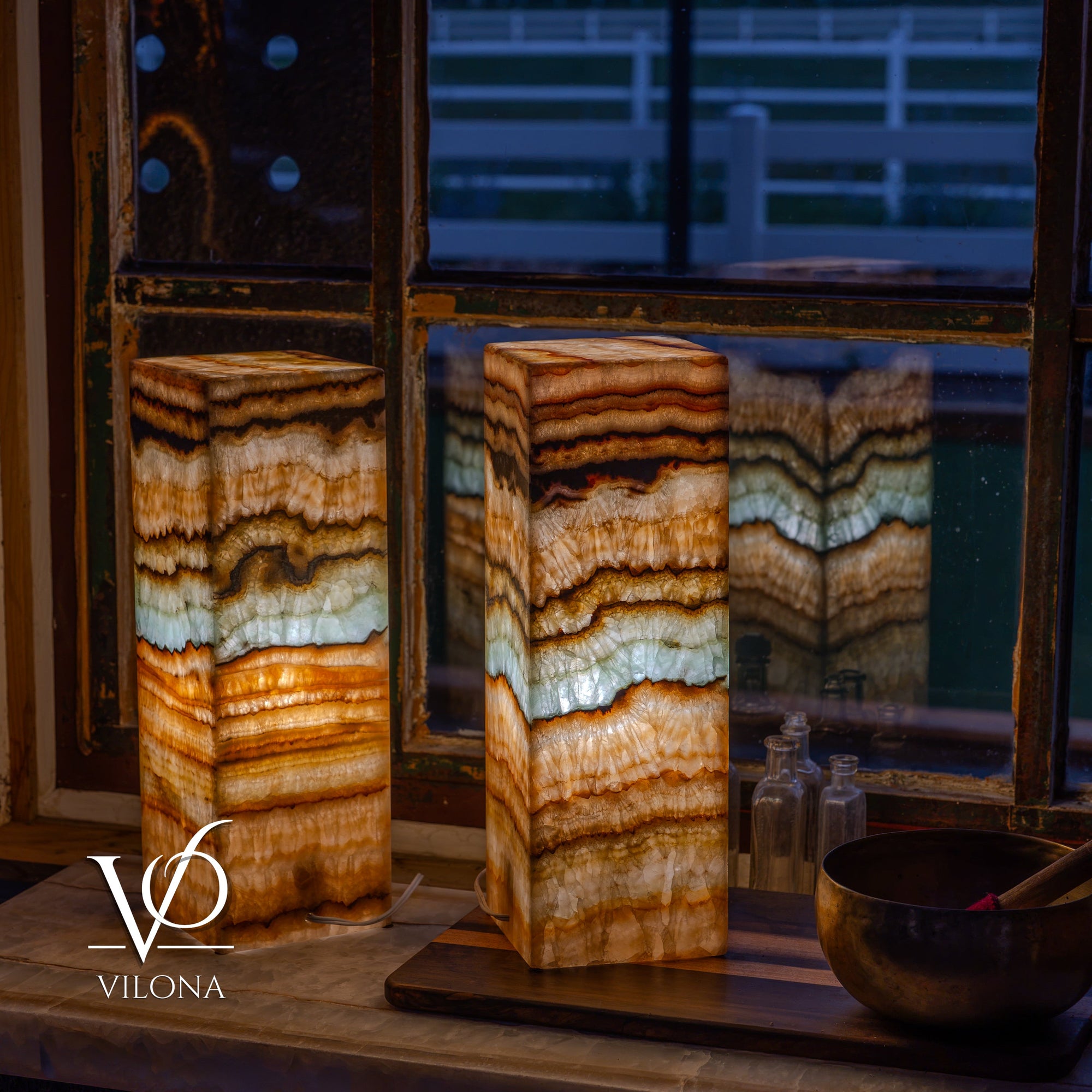 Aqua Onyx Square Table Lamp - 18" Tall, x 6"x 6" (Medium Pair #79) by Vilona Onyx - main product image for Resin Society