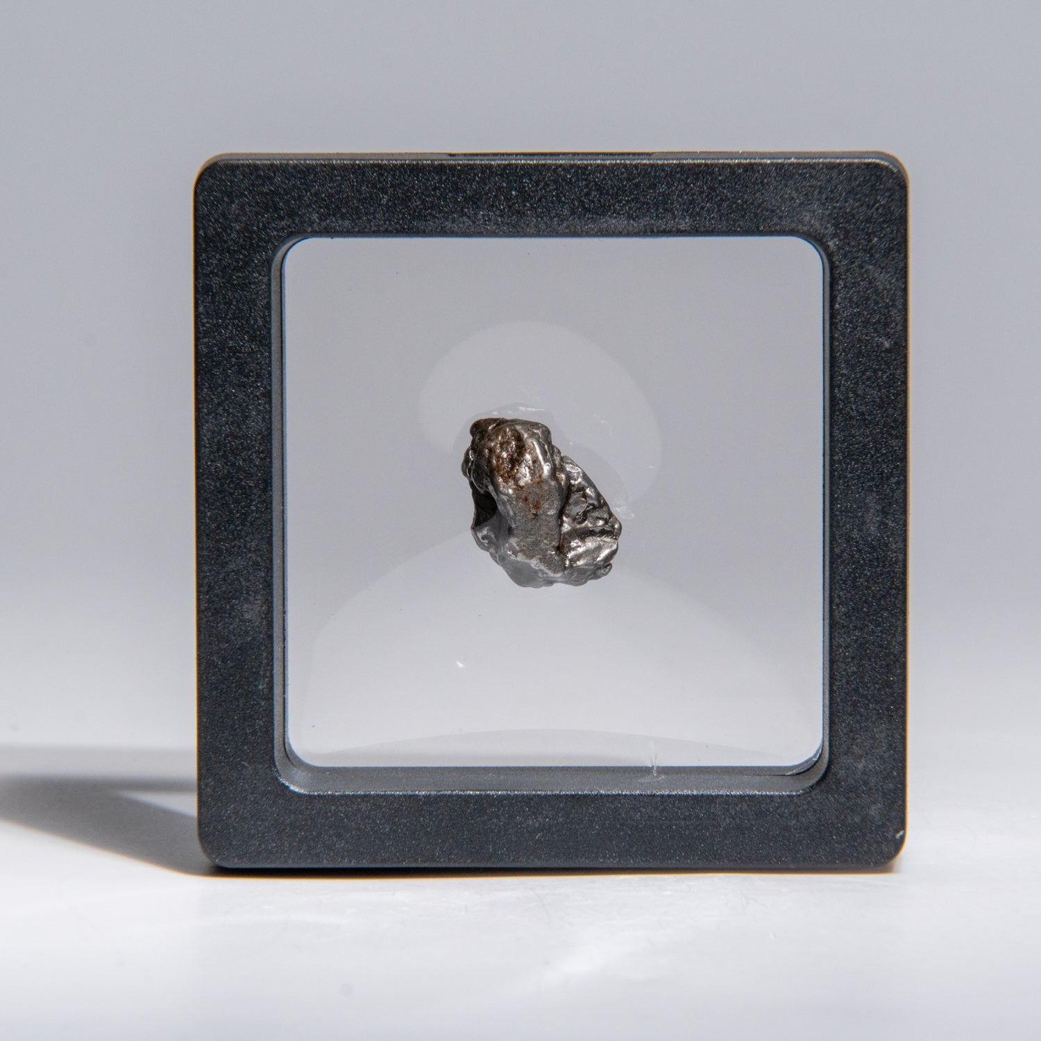 Genuine Sikhote-Alin Meteorite displayed in a box showing its iron metallic surface with natural texture