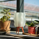 White wavy glass lamp with three wooden legs, illuminated on a windowsill surrounded by potted plants in terracotta and red spiral pots under natural light.