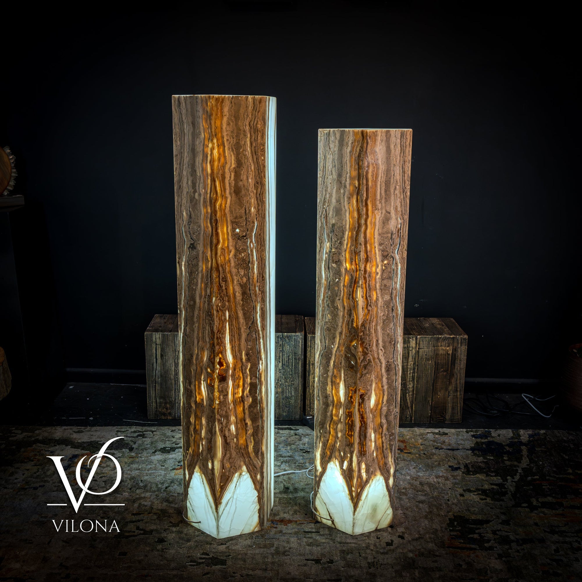 White Ice Onyx Floor Lamp - Pair - Large - 59 & 55"H x 13.5"W - Hexagon by Vilona Onyx - main product image for Resin Society