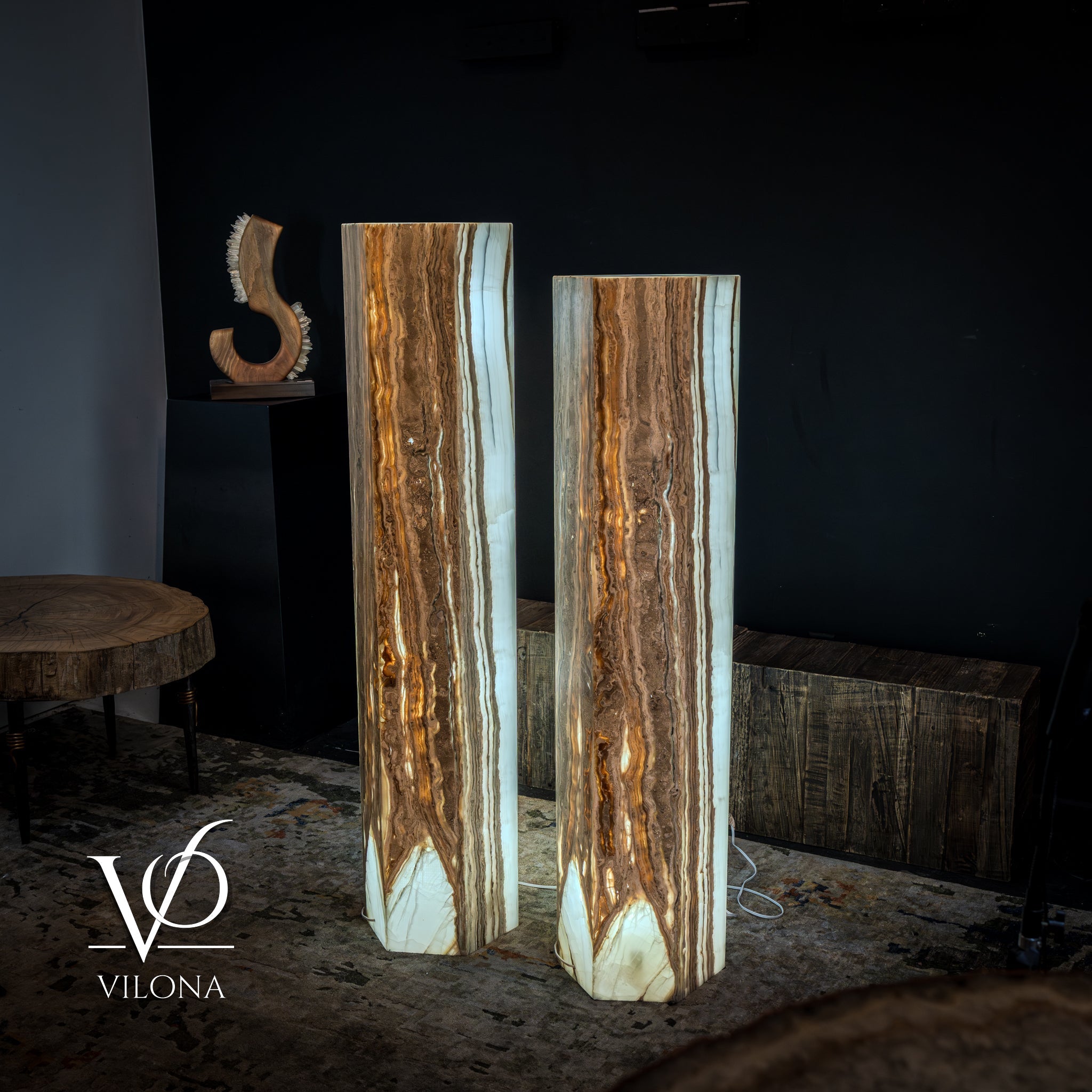 White Ice Onyx Floor Lamp - Pair - Large - 59 & 55"H x 13.5"W - Hexagon by Vilona Onyx - product image 3 for Resin Society