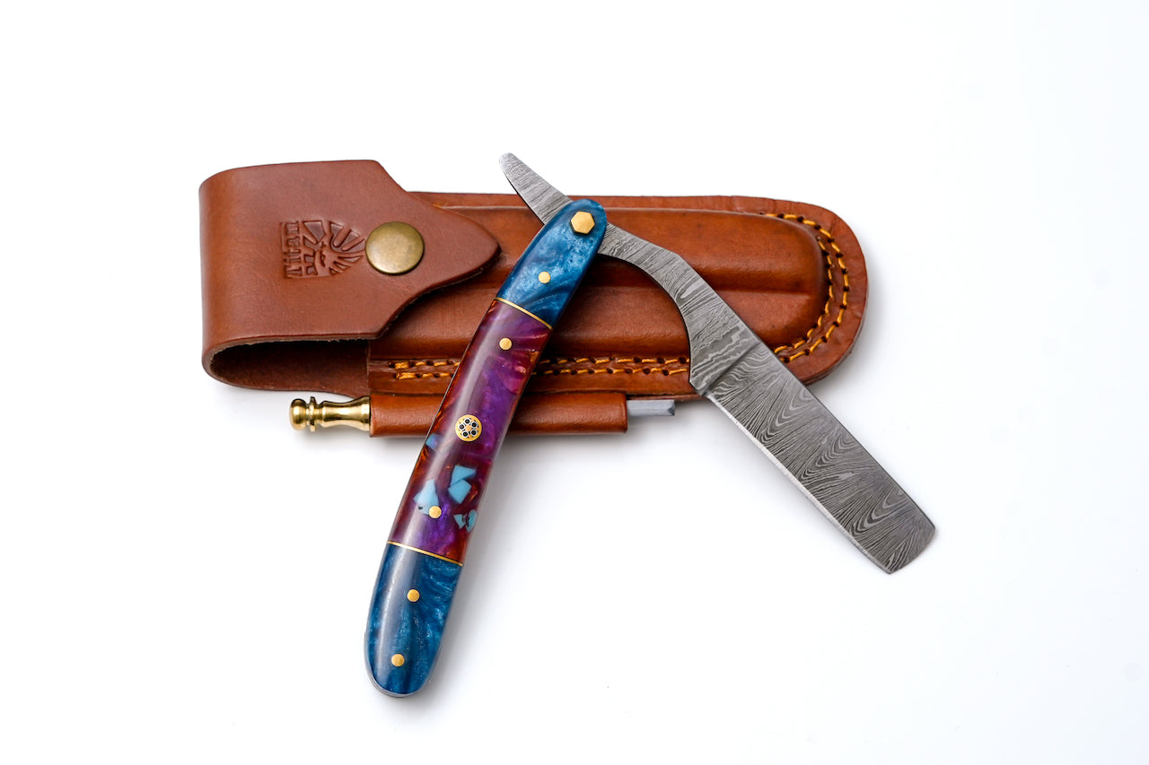 Damascus Straight Razor with Blue & Purple Resin Handle TK-437 shown closed on a white background.