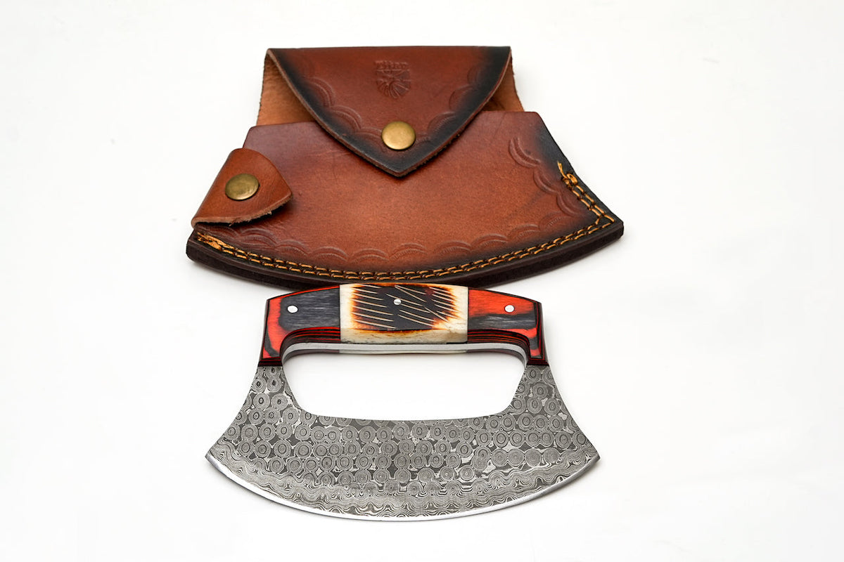 Hand-Forged Damascus Ulu Knife with Leather Sheath - TK-458 showing layered Damascus blade and leather sheath