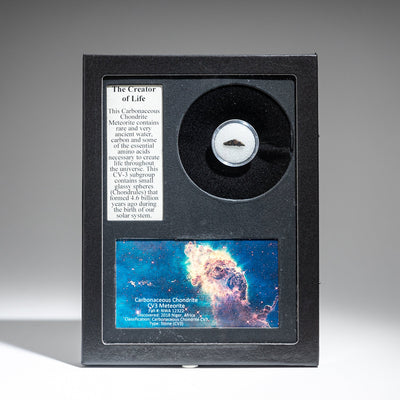 Genuine Carbonaceous Chondrite meteorite displayed in a labeled glass display box