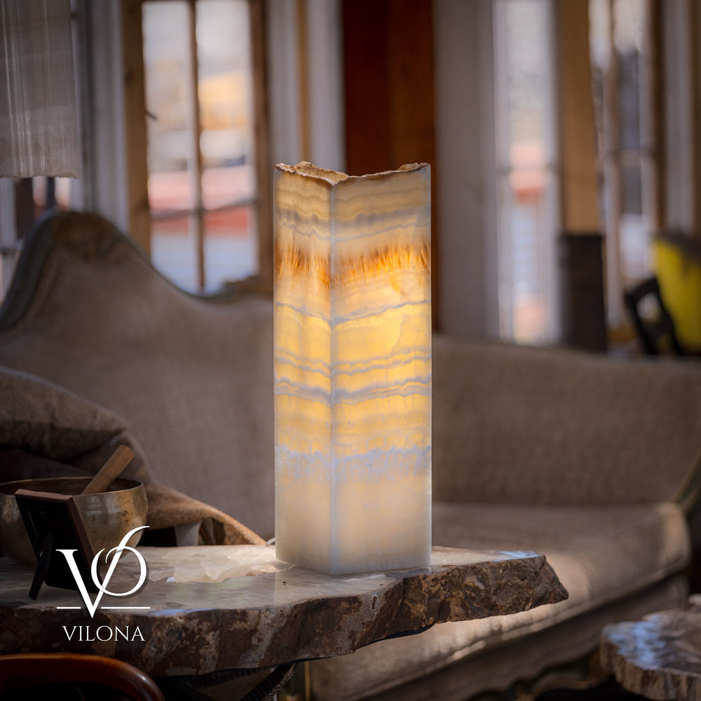 Golden Cloud Onyx Square Table Lamp illuminated, showing natural banding of onyx and square base