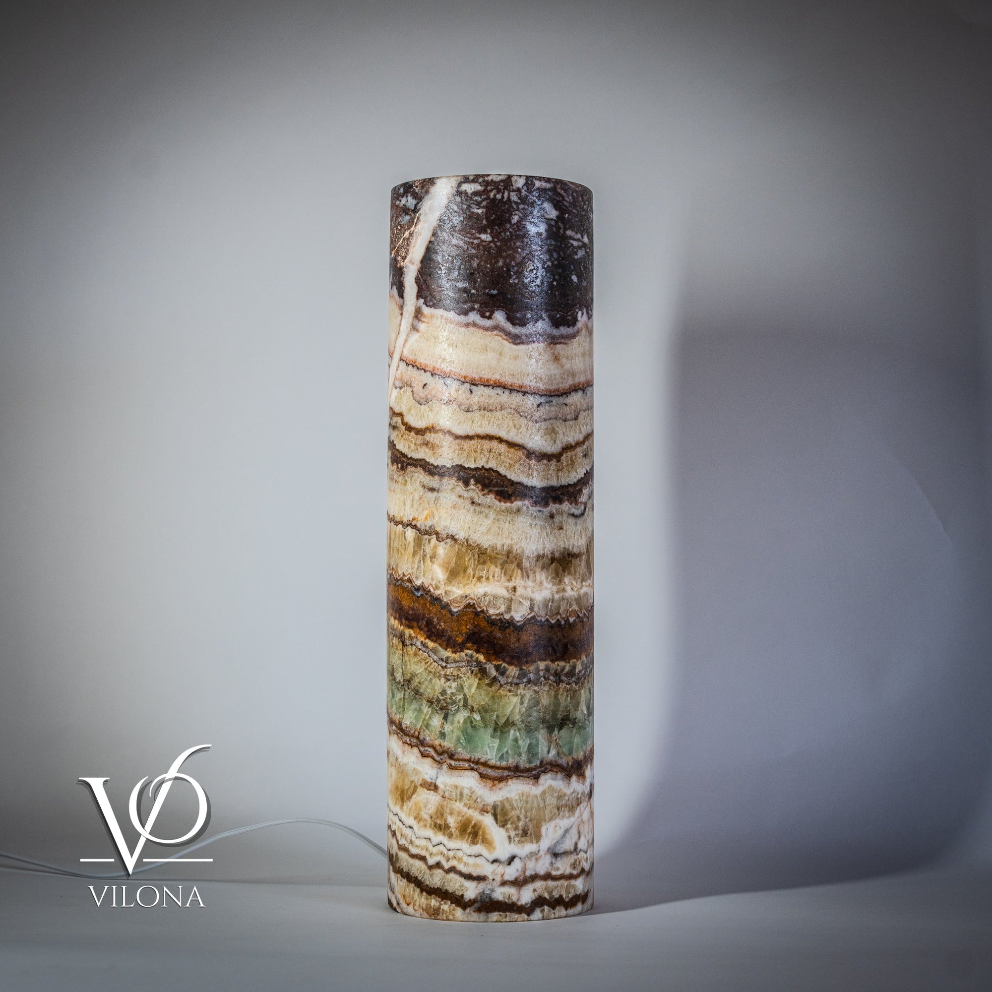 Vilona Onyx Aqua Onyx Lamp medium size, 20 inches tall and 5.5 inches diameter, with glowing golden-beige onyx stone