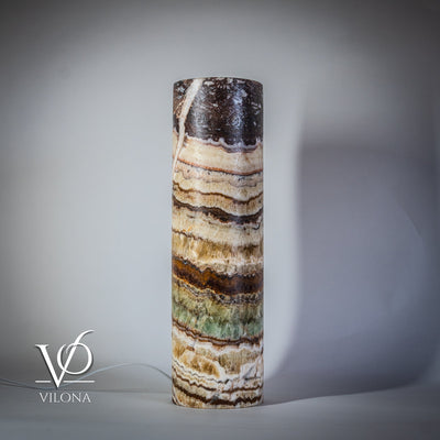 Vilona Onyx Aqua Onyx Lamp medium size, 20 inches tall and 5.5 inches diameter, with glowing golden-beige onyx stone