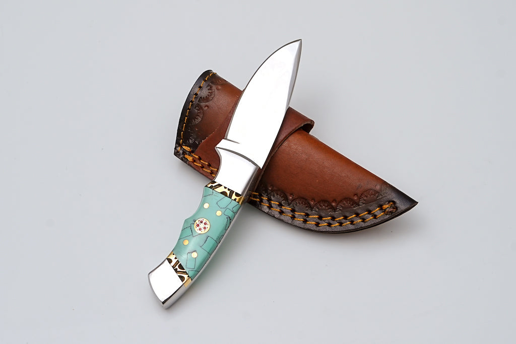 Custom Stainless Steel Knife with Turquoise Mosaic Handle & Leather Sheath - TS-06 by Titan International K - Resin