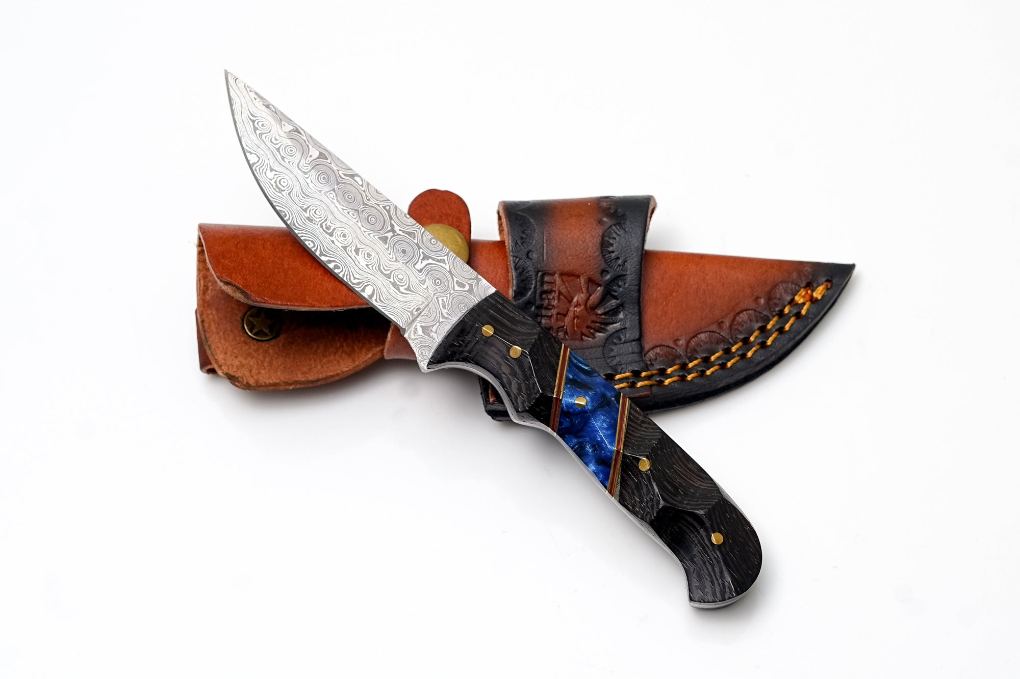 Custom Damascus Steel Drop Point Hunter | Sculpted Black Wood & Blue Resin Handle | Scout Carry TK-490