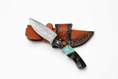 Custom Damascus Steel Drop Point Hunter | Sculpted Wood & Turquoise Inlay Handle | Scout Carry TK-491