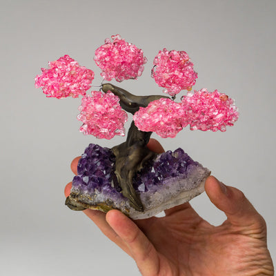 Genuine Rose Quartz Clustered Gemstone Tree on Amethyst Matrix (4 inches) (The Love Tree)