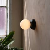 Wall-mounted sconce with a round frosted glass globe and matte black base, casting soft light against a wood-paneled wall near an old window with visible plant leaves.