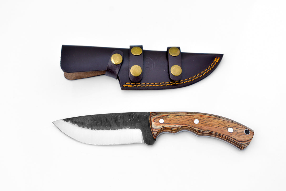 Diamond Ridge Forged Camping Knife with diamond wood handle and carbon steel blade
