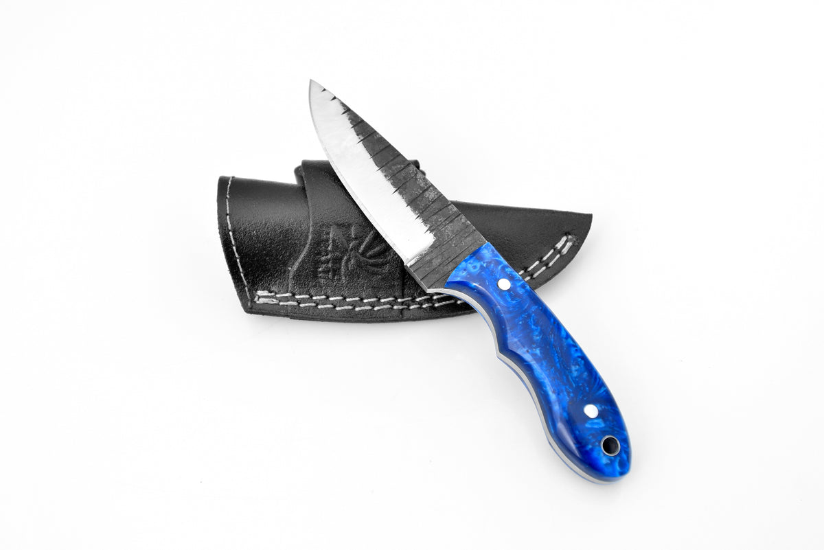 High Carbon Steel Utility/camping Knife TC-105 with deep blue sea acrylic handle and hand-forged 1095 carbon steel blade