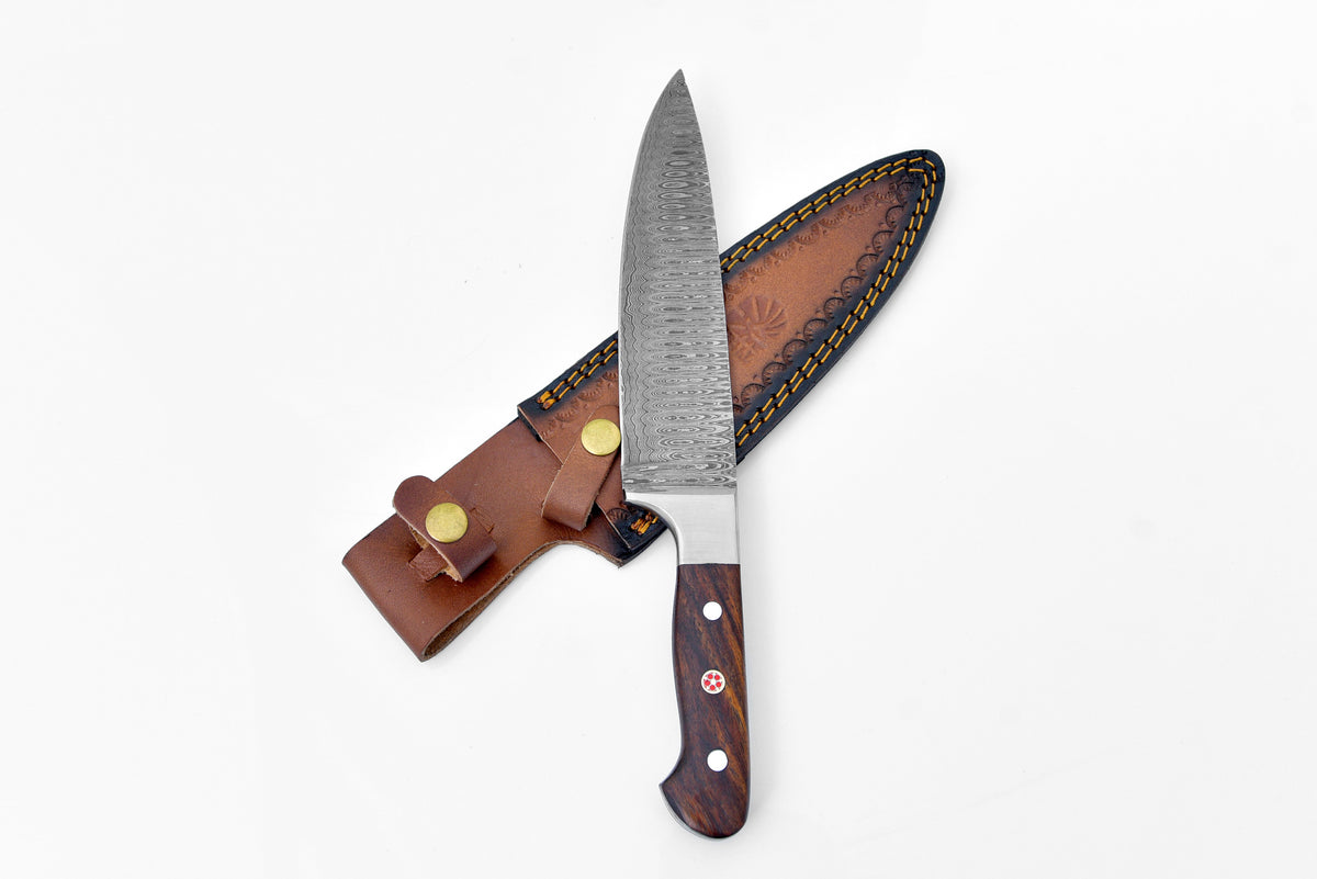 Damascus Kitchen Knife TD-211 showing blade detail and walnut wood handle with steel bolster
