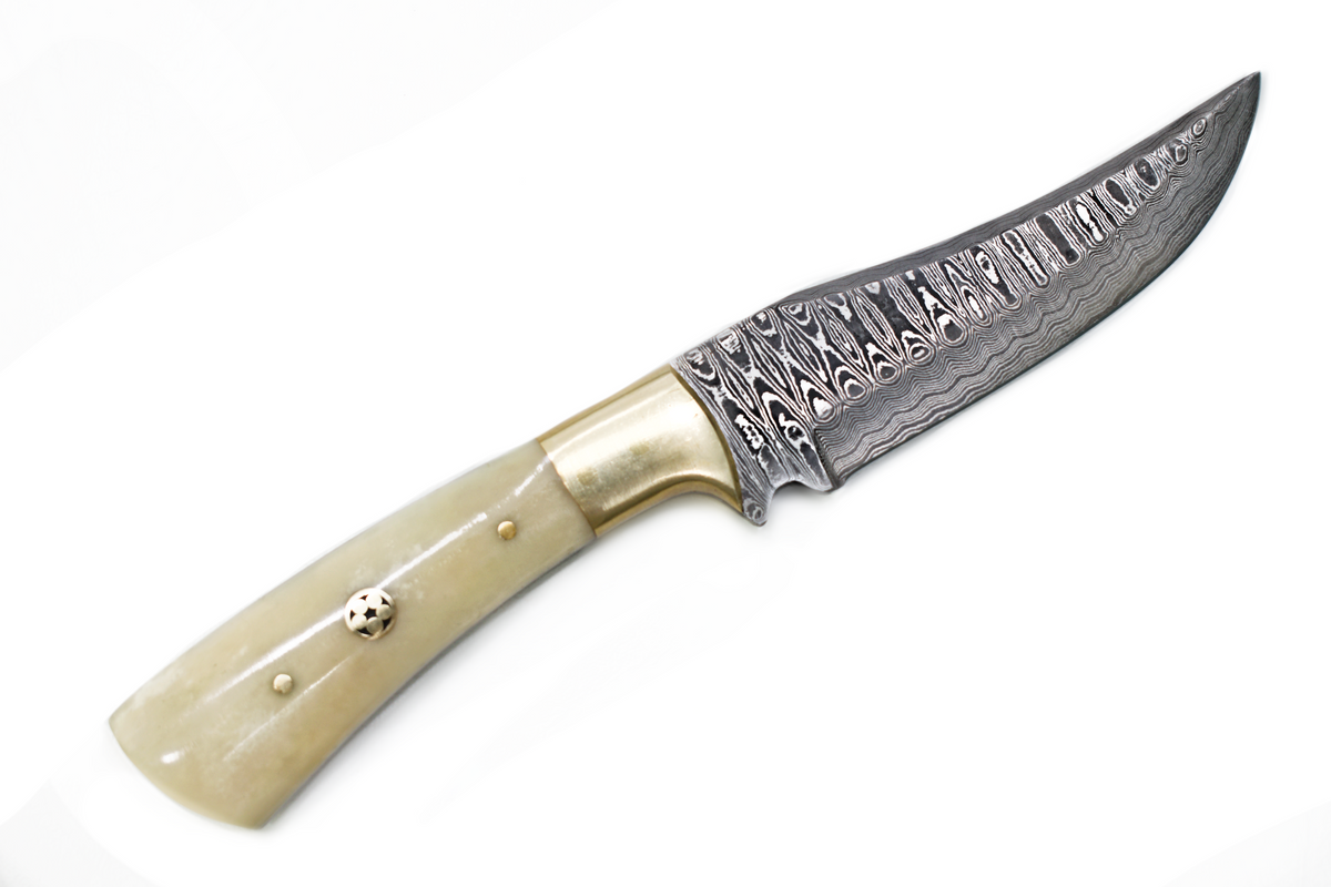 A perfect hunting and skinning knife TD-100 with Damascus steel blade and camel bone handle