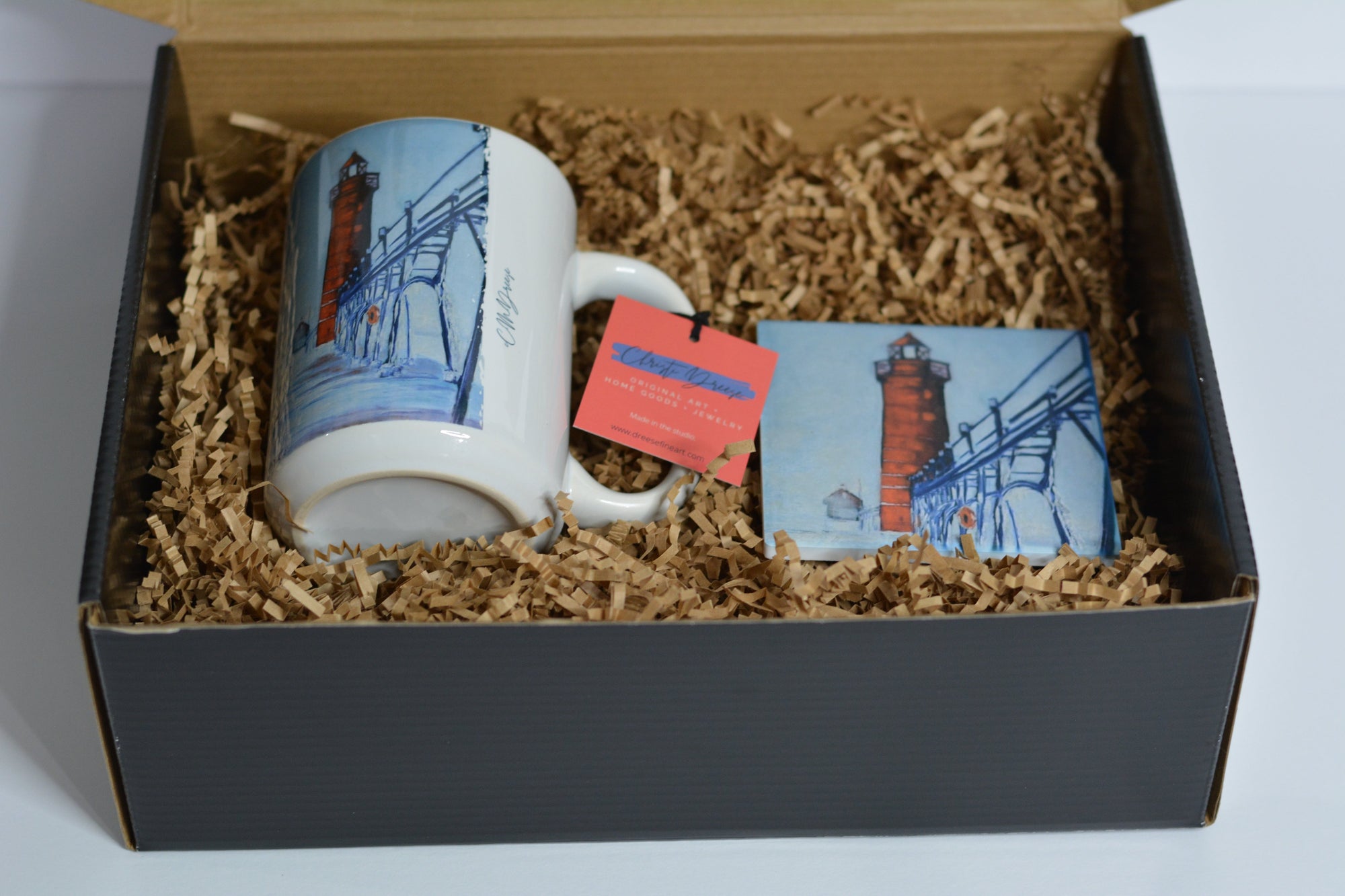 Grand Haven Lighthouse Personalized Gift Set with mug and coaster displayed