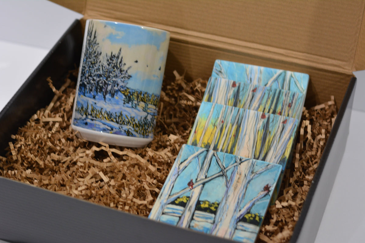 The Magic of Winter at Ottawa Sands Gift Set featuring coffee mugs and birch tree and Ottawa Sands coasters