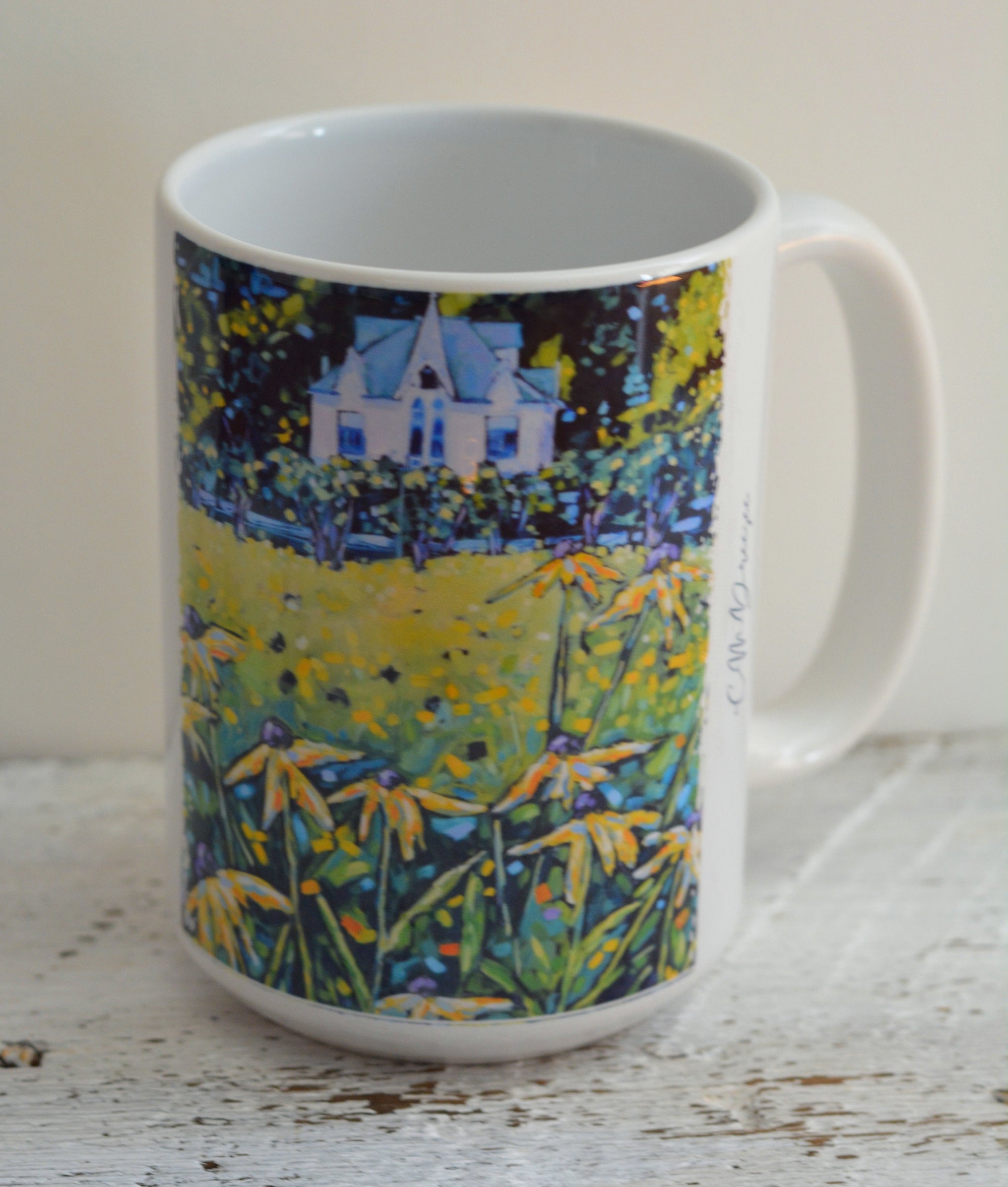 Drinkware - Small Point - Mackinac Island by Dreese Fine Art showing ceramic mugs and stainless steel tumbler on wooden surface