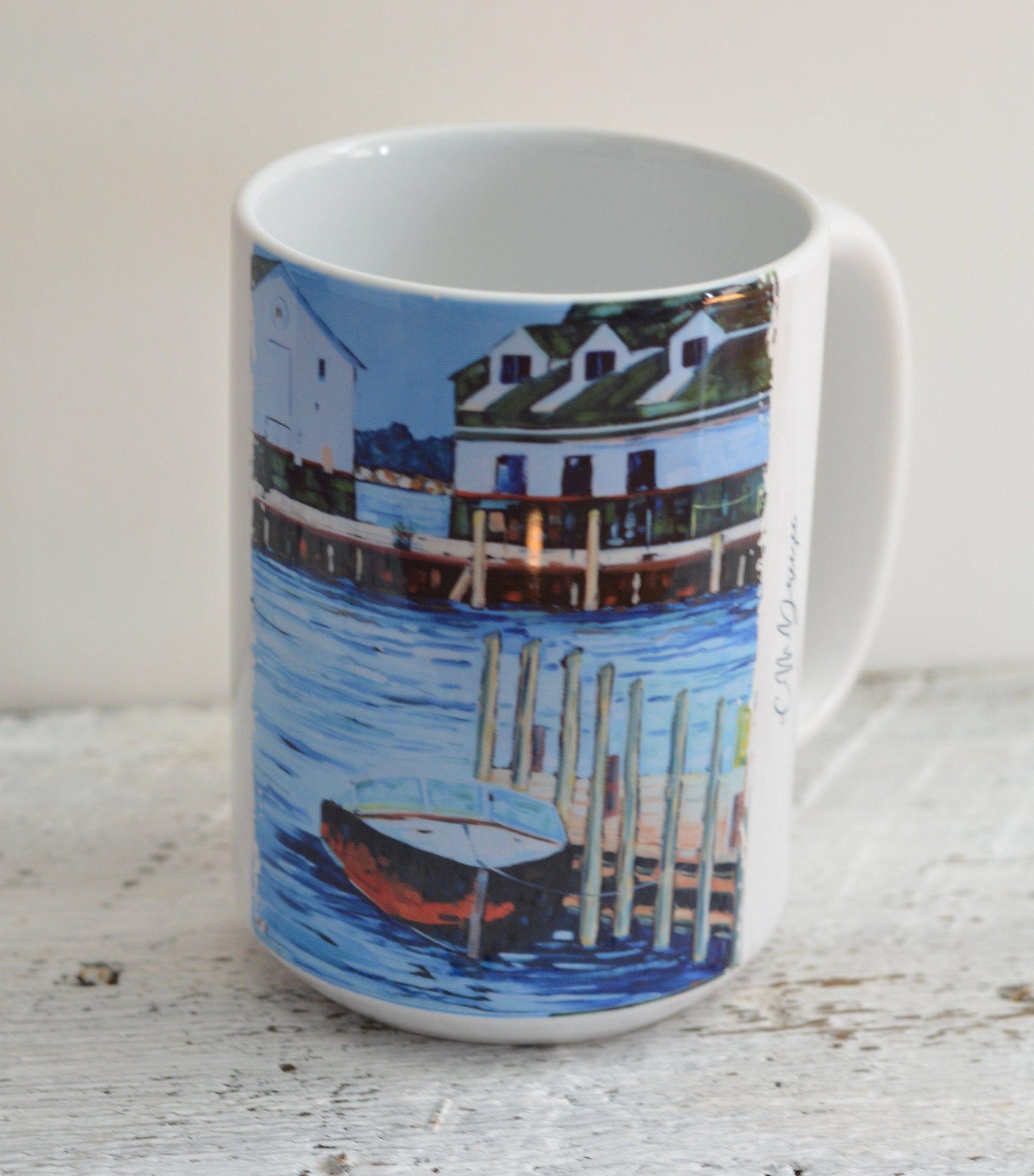 Drinkware - Boat Stories Mackinac Island. ceramic coffee mugs and stainless steel tumblers displaying original artwork by Christi Dreese.