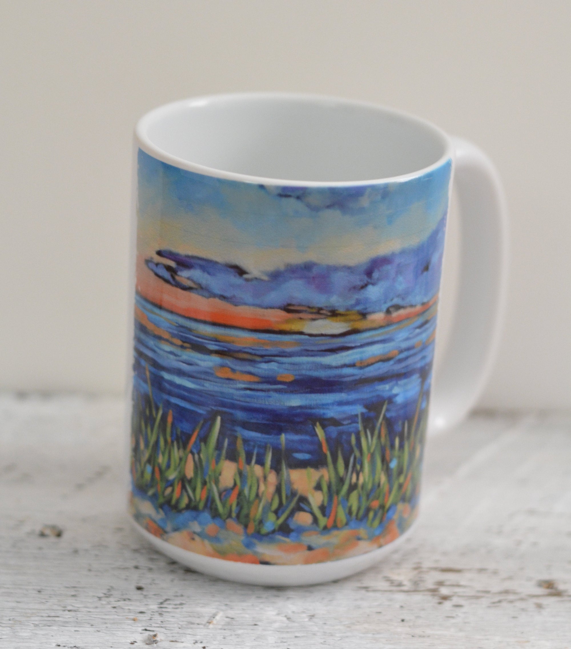 Vibrant Drinkware- Sunset at the Beach. mug and tumbler with coastal artwork by Christi Dreese.