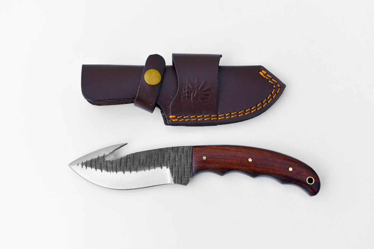 Hand forged CUSTOM CARBON BLADE Gut Hook SKINNER knife with rosewood handle and brass pins