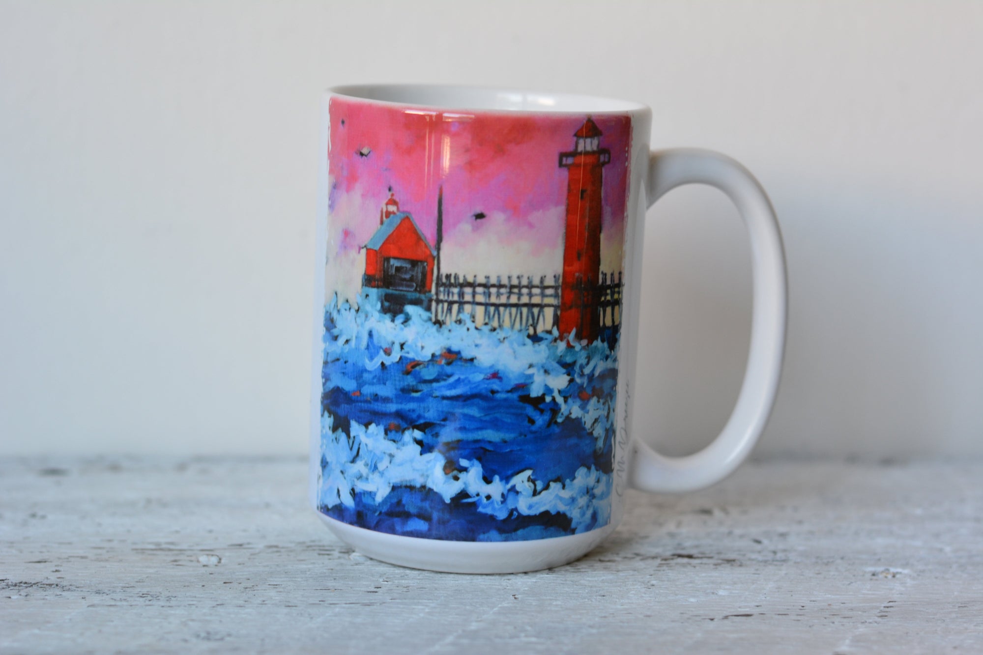 Pink Sky at Night Grand Haven Lighthouse ceramic mug and tumbler by Dreese Fine Art