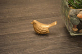 Small golden bird figurine with textured wing details placed on a dark wooden surface next to a glass container holding pebbles and a succulent plant.