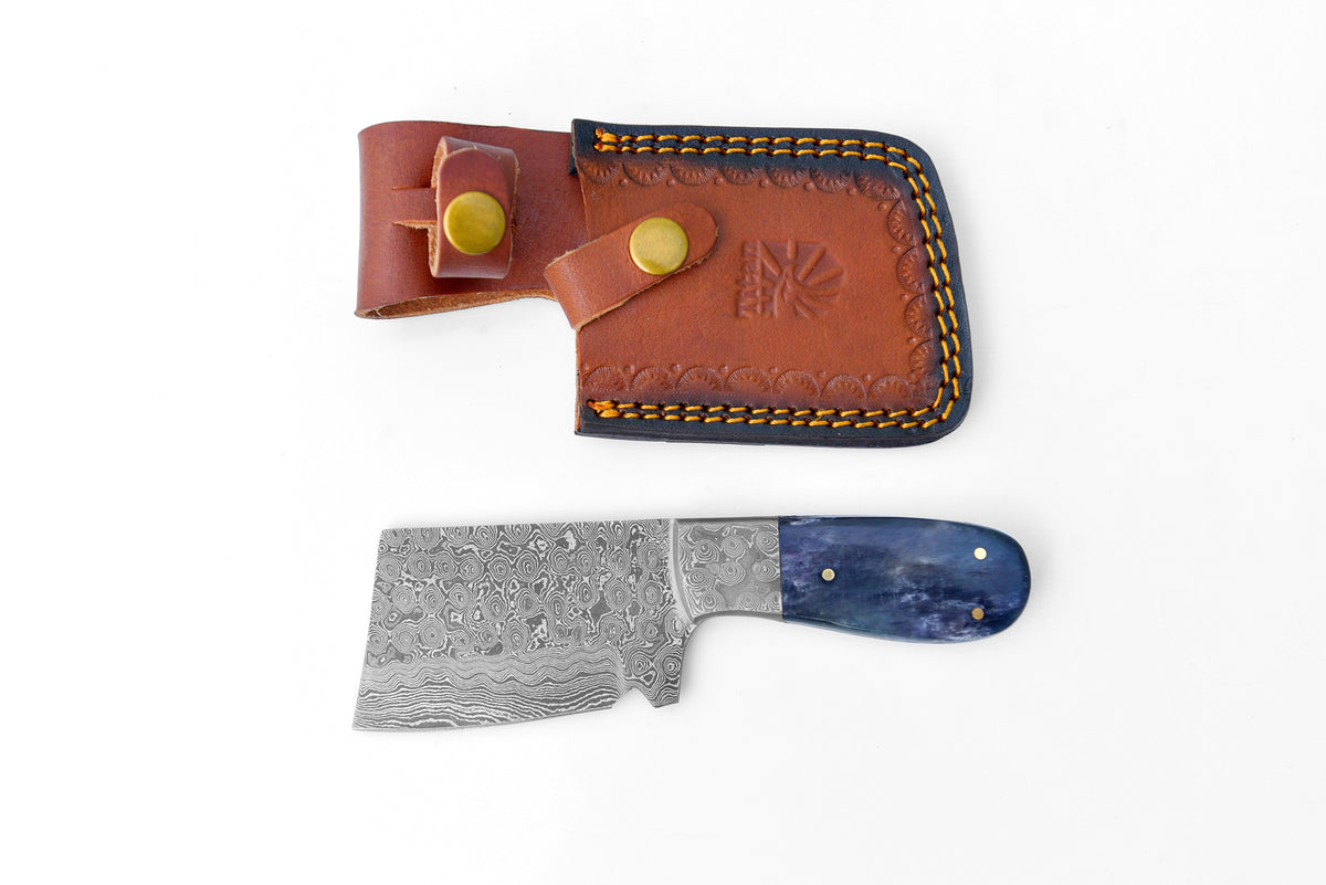 EDC Mini Cleaver handmade Damascus steel blade with dyed bone tactical handle