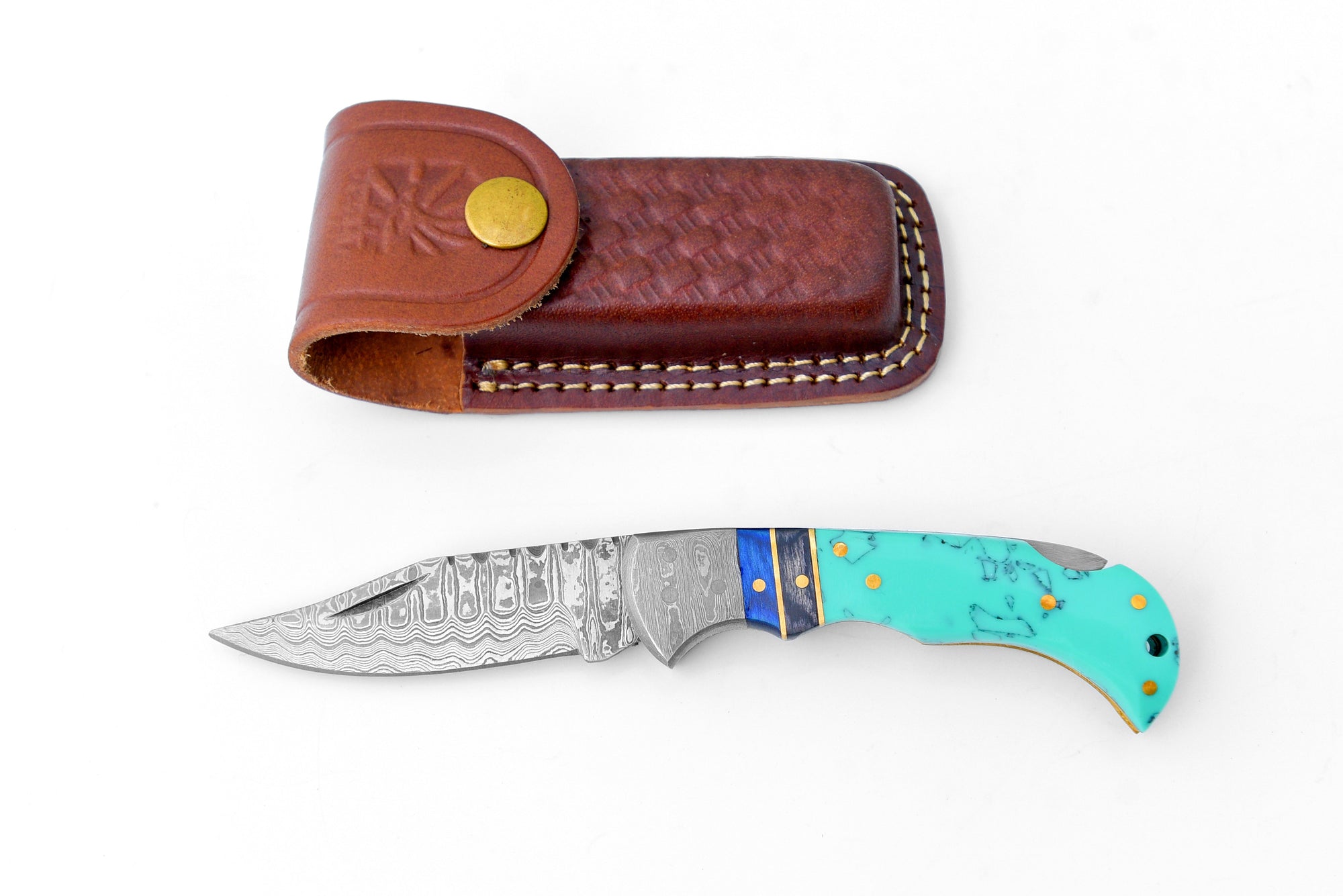 Damascus steel pocket knife Limited Run Turquoise Resin TF-059 by Titan International K