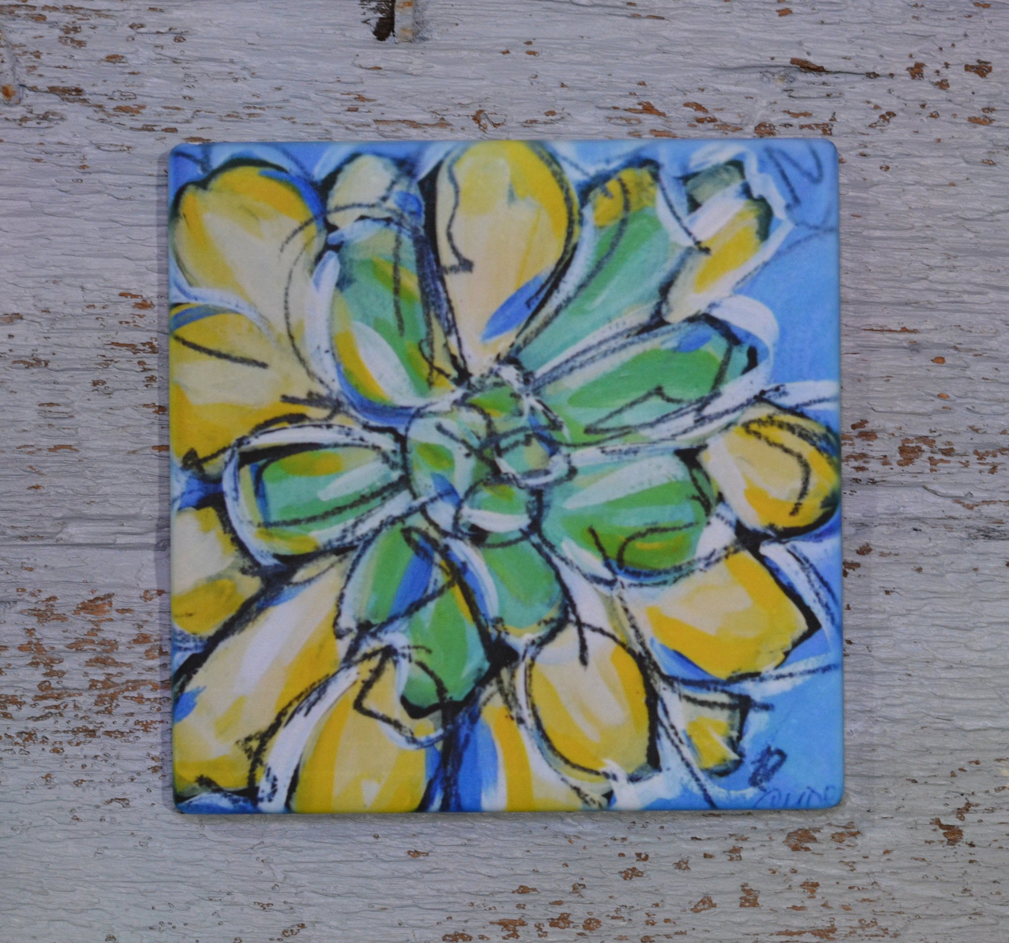 Yellow Succulent coaster showing bright succulent artwork on a square coaster with cork backing