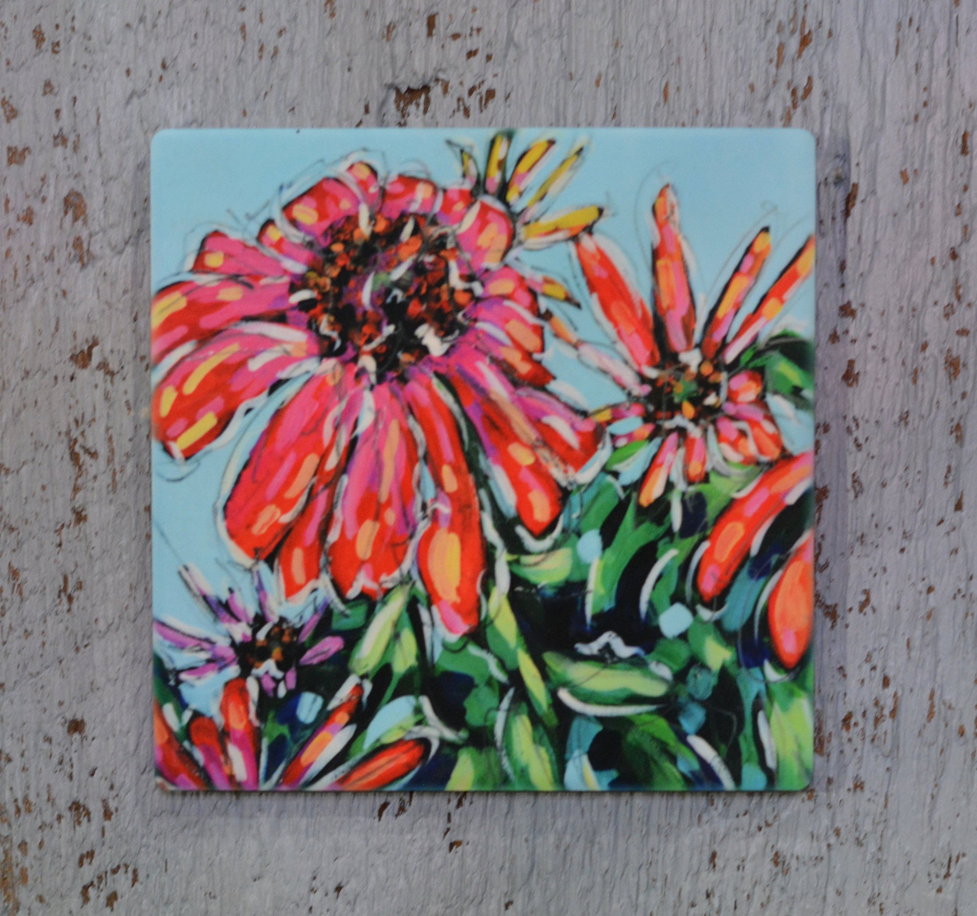 Pink Coneflowers coaster, trivet, and magnet featuring floral artwork